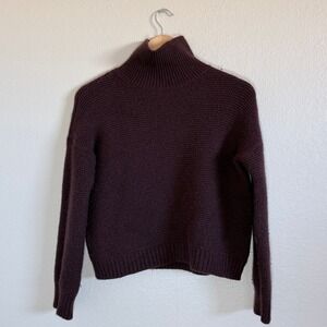 Vince Dark Plum Wool Cashmere Cropped Mock Neck Waffle Knit Chunky Sweater Small